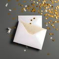 Two white envelopes on a gray background, gold confetti all around Royalty Free Stock Photo