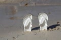 Two white flipflops sticking out of the sand