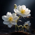 Two white flowers with petals and drops of dew, water and buds on a dark background. Flowering flowers, a symbol of spring, new Royalty Free Stock Photo