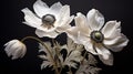 Revived Art: White Anemones On Black Background With Symbolic Details