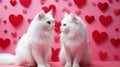 Two white fluffy lovesick cats are sitting next to each other on a pink background