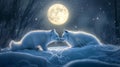 Two White Foxes Touching Noses Under a Full Moon in a Snowy Forest Royalty Free Stock Photo