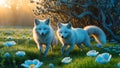 Two Arctic Foxes Walking in a Blue Poppy Field at Sunset Royalty Free Stock Photo