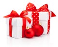 Two white gift box tied red ribbon bow and Christmas baubles Iso Royalty Free Stock Photo