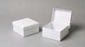 Two White Gift Boxes One Open One Closed On Gray Background image photo Royalty Free Stock Photo