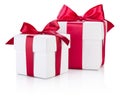 Two white gift boxes tied burgundy ribbon bow on white Royalty Free Stock Photo