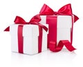 Two white gift boxes tied burgundy ribbon bow Isolated on white Royalty Free Stock Photo