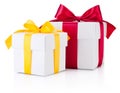 Two white gift boxes tied yellow and burgundy ribbon bow Isolate Royalty Free Stock Photo