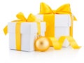 Two white gift boxes tied yellow ribbon bow and bauble Isolated