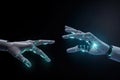 Two White Glowing Robotic Hands Approach Each Other And Representing A Concept Of Futuristic Breakthrough AI Innovation -