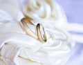 Two white gold wedding rings on satin fabric Royalty Free Stock Photo