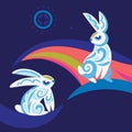 Two white hare illustration in folk ethnic style. North motif