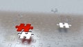 Two White Holes in Puzzle Pieces floor with One Red Piece and One grey above all other Royalty Free Stock Photo