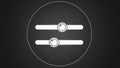 Two white horizontal sliders with circular knobs inside a light grey circle on a dark background Royalty Free Stock Photo