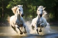 Two White Horses Are Running Through The Water Two White Horses, Running Through Water, Animal Power