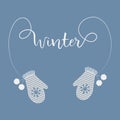 Two white knitted mittens with pompoms and the text `Winter`