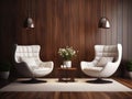 Two white leather swivel chairs with wooden elements near dark wooden paneling wall. Interior design of modern living room Royalty Free Stock Photo