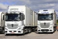 Two White Mercedes-Benz Actros Heavy Trucks Parked