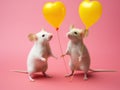 Two white mice holding yellow heart-shaped balloons on a pink background.