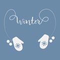 Two white mittens with pompoms and the text `Winter`