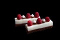 Two white mousse sheet cake slices with raspberries and meringues on brownie base Royalty Free Stock Photo