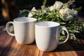 Two white mugs, cups wedding mockup Peony, green leaves, wooden background Summer gifts, boho style