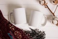 Two white mugs, pair of cups, Mockup. Royalty Free Stock Photo