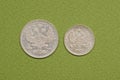 Two white old rare silver Russian coins with an eagle