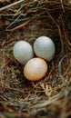 Two white and one brown eggs of a wild bird lie in a nest of grass and twigs Royalty Free Stock Photo