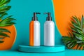 Two white and orange bottles of liquid soap on a blue and orange background Royalty Free Stock Photo