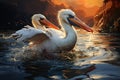 Two white pelicans swim in the lake at sunset. Panorama Generative AI Generative AI