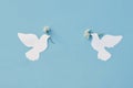 Two white pigeons, cut out of paper with live white flowers in their beaks. The concept of the International Day of Royalty Free Stock Photo