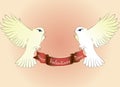 Two white pigeons fly with greeting feed