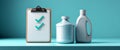 Two white plastic bottles next to clipboard with two green check marks on blue background representing quality control and product Royalty Free Stock Photo