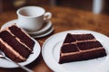 Two white plates with chocolate cakes and cup of tea on wooden table. Royalty Free Stock Photo
