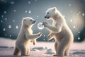 Two white polar bear cubs playing snowball in the north pole. Animal and Seasonal concept. Digital art illustration. Generative AI