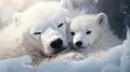 two white polar bears cuddle together in the snow together. generative ai Royalty Free Stock Photo