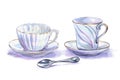 Two white porcelain tea cups and a tea spoon, illustration on white background, isolated with clipping path. Royalty Free Stock Photo