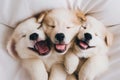 Two white puppies are sleeping on a bed. AI generative image