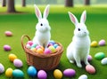 Two white rabbit sitting in green grass with colorful Easter eggs on green trees and blue sky background, Generative AI Royalty Free Stock Photo