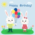 Two white rabbits in clothes in a summer glade. The boy gives the balloons to the girl. Cartoon style, Happy birthday.