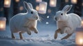 Two White Rabbits Running in a Snowy Winter Wonderland with Glowing Lanterns Royalty Free Stock Photo