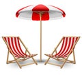 Two white and red striped sun lounger and beach umbrella. Highly realistic illustration Royalty Free Stock Photo