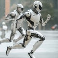 Two White Robots Running in the Rain