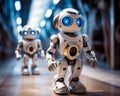 Two white robots walking down corridor exploring futuristic environment, robot working with human in factories photo