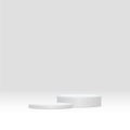 Two white round pedestal podiums that contiguous base. For place goods or technical tools.3D illustration