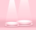 Two white round two layers rounded pedestal podiums that difference size pink pastel color.For place goods,cosmetics,cartoon model