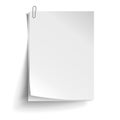 Two white sheets of paper with metal paper clip. Metal paper clip attached to paper. Vector illustration