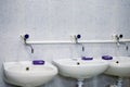 Two white sinks and liquid soap in public toilet. Royalty Free Stock Photo