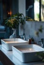Two white sinks placed on a countertop, suitable for kitchen or bathroom interior design concepts Royalty Free Stock Photo